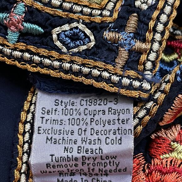 Johnny Was Embroidered Tunic | Navy Boho Folk Top, Romantic Kimono Sleeves Rayon - Picture 6 of 11